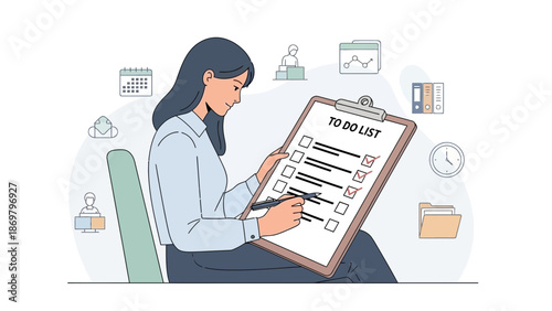 Woman checking off tasks on a to-do list clipboard, planning and organization concept