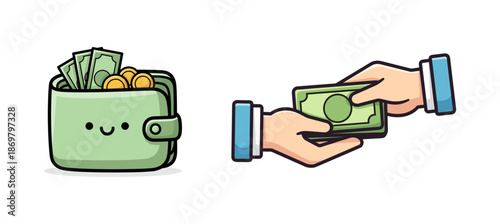 Cute Wallet and Cash Payment Illustration for Financial Transaction Concept