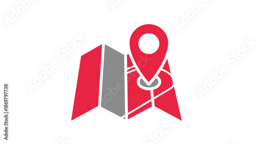 Red map icon with location pin on folded navigation chart symbol