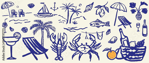 Italian or Greek vacation hand drawn vector illustration set in grunge scribble rough doodle sketch style, lemon and palm tree chalk charcoal drawings for travel poster, placard and decorative print