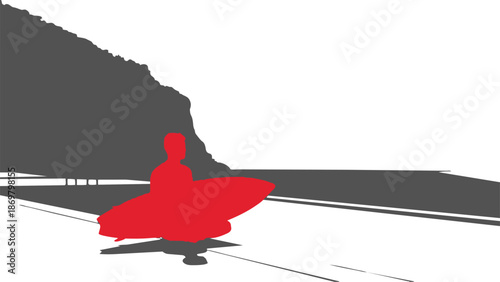 Red surfboard rider on wave with mountain in background