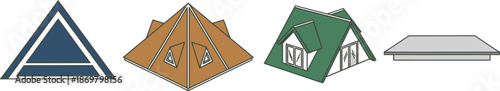 Flat design set of 4 roof shapes gable roof hip roof mansard roof and flat roof architectural icons