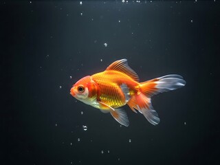Swimming golden goldfish in dark water. Fish with vivid orange and white scales, swimming in a clean freshwater aquarium. Animal portrait photography.