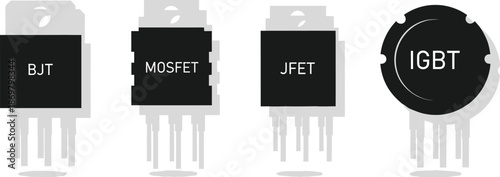 Flat design set of 4 transistor shapes bjt mosfet jfet and igbt electronic components