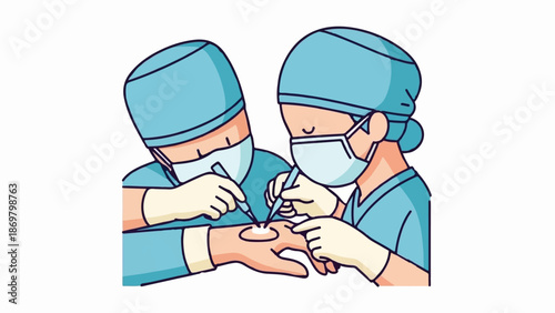 Two surgeons in blue scrubs and masks perform a procedure on a hand