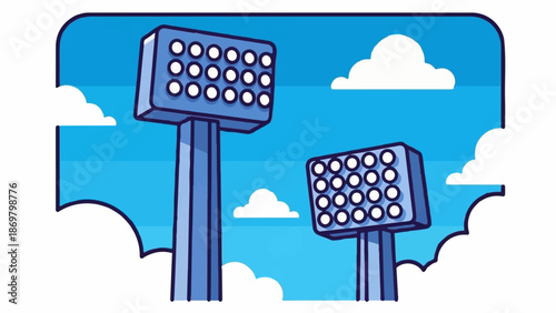 Two tall floodlights stand under a bright blue sky with fluffy white clouds