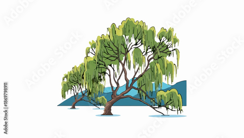 Two weeping willow trees with green foliage against a blue mountain backdrop