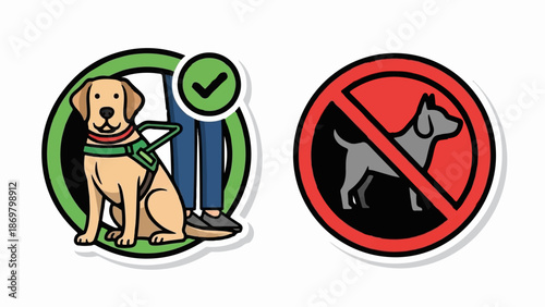 Two icons one with a service dog and checkmark, one with a dog in a no-entry sign
