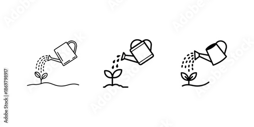 Set of three simple icons showing watering seeds sprouting into small plants with care