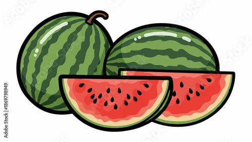 Two whole watermelons and two slices with seeds on a white background
