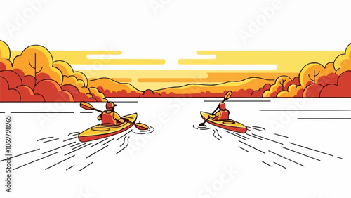 Two kayakers paddle across a body of water amidst autumn foliage under a warm sunset sky