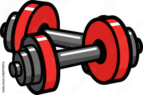 Two red and gray dumbbells crossed, symbolizing strength and fitness