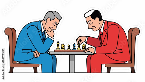 Two men in suits are playing chess, one with a thoughtful expression, the other contemplating a move