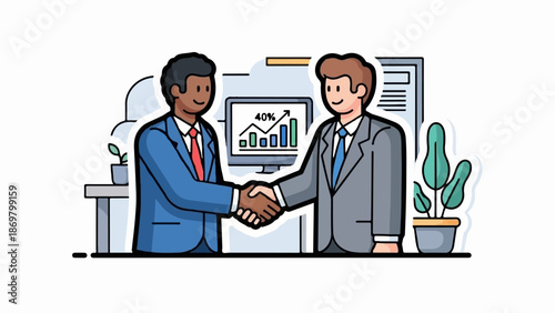 Two men in suits shake hands, symbolizing agreement and success in a business setting with data graphics