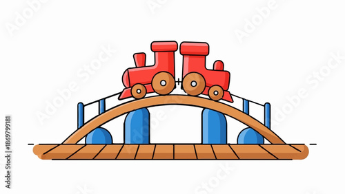 Two simple red toy trains face each other on a stylized wooden bridge with blue supports