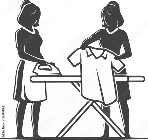 Two silhouettes of women ironing clothes on an ironing board