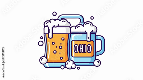 Two frothy mugs, one with a yellow liquid, one with 'OHIO' text