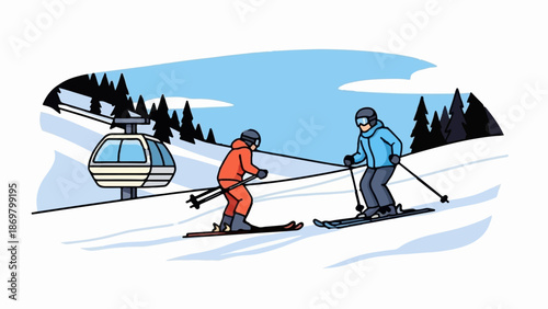 Two skiers descend a snowy slope near a ski lift in a mountainous, forested landscape