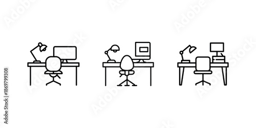 Set of linear icons showing different home office workspace desk and chair arrangements