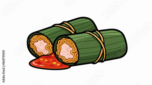 Two green-wrapped food rolls with noodle filling, served with spicy red sauce