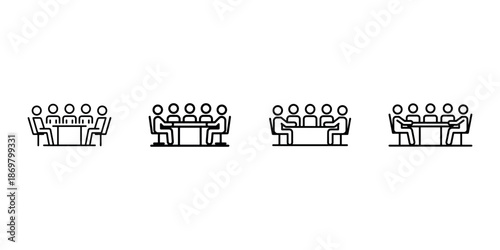 Outline icons representing people sitting around a table in business meeting or conference setting