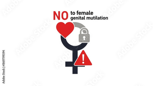Graphic illustration opposing female genital mutilation with warning symbols and lock