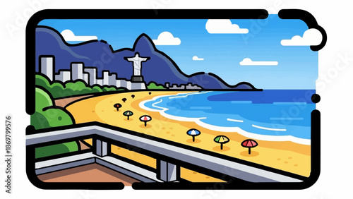 Tropical beach with iconic statue, city skyline, and mountains under a blue sky