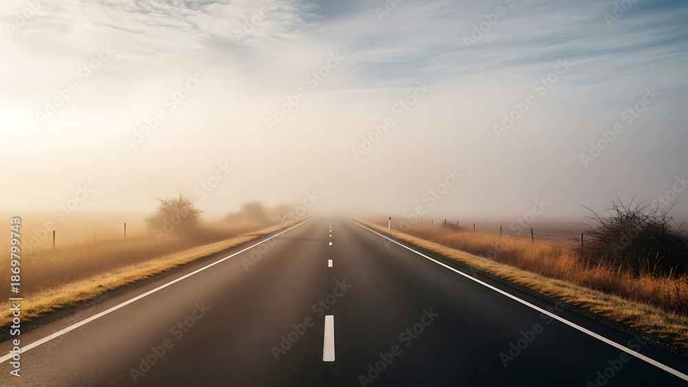 Fototapeta premium Foggy highway with white markings stretching into the distance, surrounded by fields and trees, captured from a low vantage point.