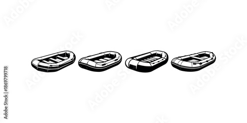 Four different inflatable rubber raft boat icons used for water sports river adventure travel
