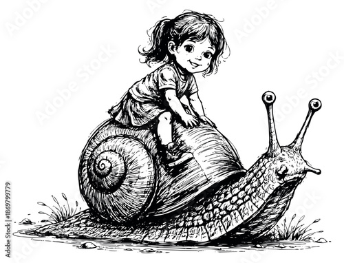 Hand drawn line art illustration of a girl riding a snail depicting a whimsical journey for children's themes and fantasy concepts
