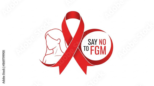 Female genital mutilation awareness red ribbon symbol with woman silhouette and say no to fgm text
