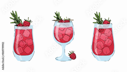 Three refreshing raspberry drinks with ice, rosemary, and garnishes