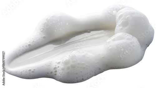 White Foamy Soap Suds Dripping with Bubbles and Liquid Milky Texture Closeup on transparent background