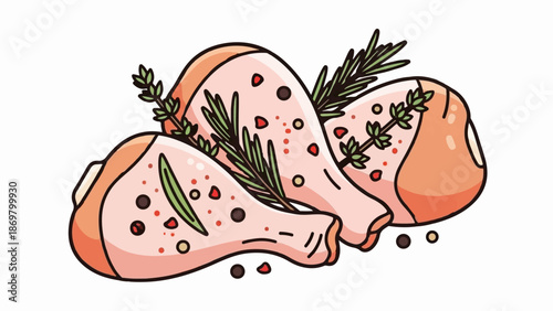 Three raw chicken drumsticks seasoned with herbs and peppercorns, ready for cooking