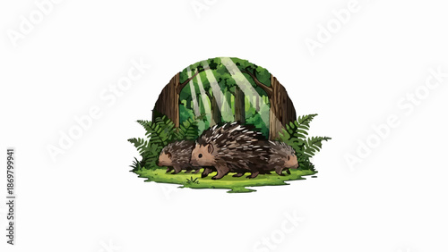 Three porcupines forage in a sunlit forest clearing with ferns