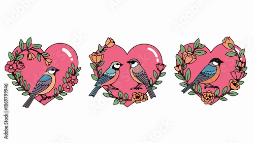 Three pink hearts adorned with floral wreaths and perched birds