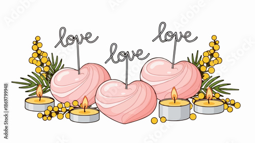 Three pink heart shapes with "love" written above, surrounded by yellow flowers, green leaves, and lit candles