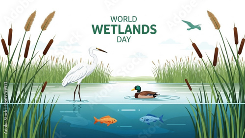World wetlands day illustration with heron duck fish and plants in a pond ecosystem