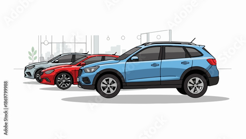 Three modern cars in bright colors parked in a line on a white background