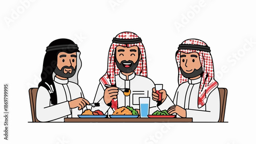 Three men in traditional attire enjoy a shared meal together at a table