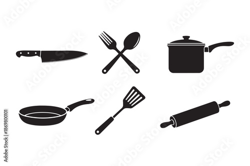 Kitchen Utensils Silhouette Icons for Cooking and Culinary Design