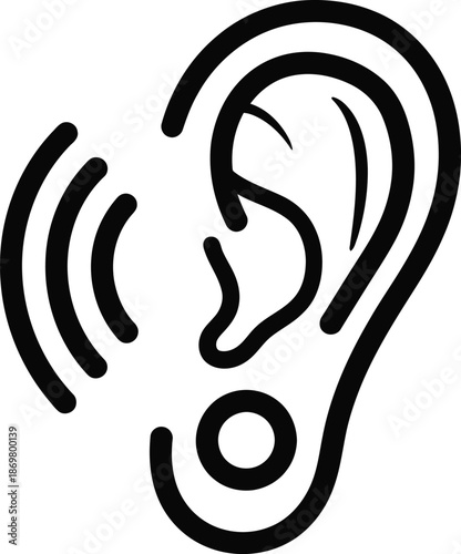 Simple black outline icon illustrating an ear with sound waves, representing hearing and auditory perception