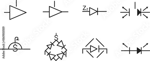 Outline illustration set of 6 diode symbols rectifier diode zener diode led and schottky diode