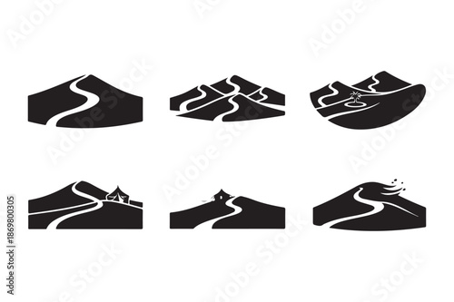 Desert Landscape Icons with Sand Dunes and Winding Path