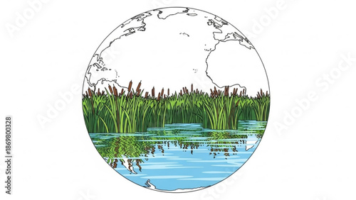 A serene circular illustration of a pond with lush green reeds and water lilies floating on the surface