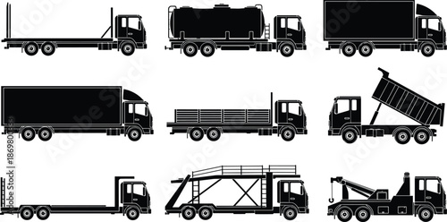 Truck silhouette set featuring flatbed tanker box dump crane vehicles, commercial logistics transport icons, black vector illustration isolated on white