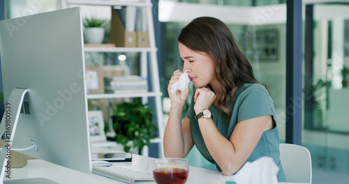 Konstfotografi Health, blowing nose and woman in office with tea, ease congestion or antioxidant benefit for allergy season