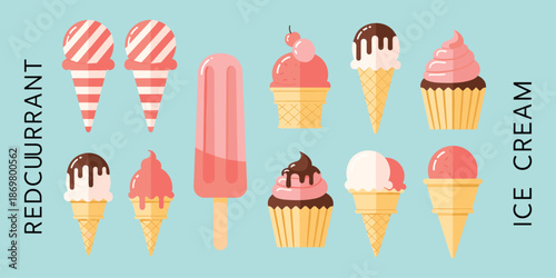 Ice cream treat icon set, cones popsicles cupcakes in redcurrant theme, colorful vector illustration, dessert and summer theme