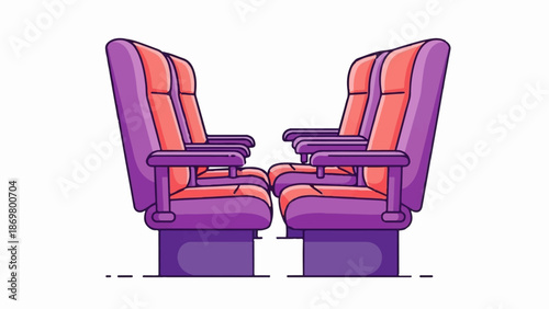 Two pairs of plush purple and coral theater seats face each other