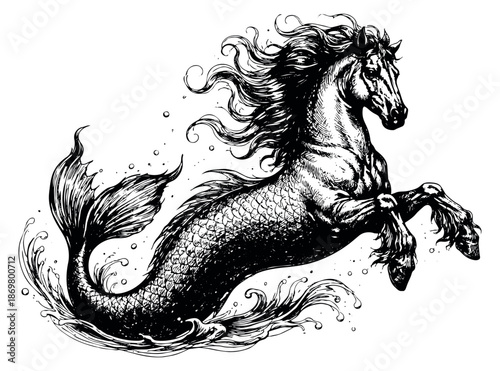 Hand drawn line art illustration of a mythical sea horse depicting its powerful emergence from splashing water for fantasy or mythological themes